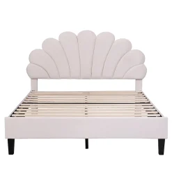 Lit double rembourré 140 sur 200 cm cadre avec tête de lit fleurie en velours doux lit adulte invité beige
