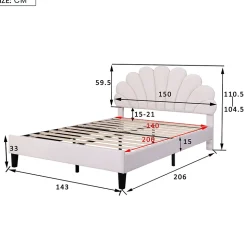 Lit double rembourré 140 sur 200 cm cadre avec tête de lit fleurie en velours doux lit adulte invité beige