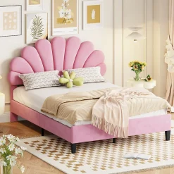 Lit double rembourré 140 sur 200 cm cadre avec tête de lit fleurie en velours doux lit adulte invité rose