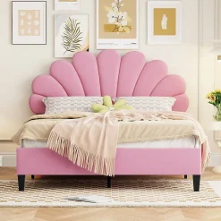 Lit double rembourré 140 sur 200 cm cadre avec tête de lit fleurie en velours doux lit adulte invité rose