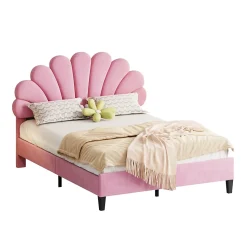 Lit double rembourré 140 sur 200 cm cadre avec tête de lit fleurie en velours doux lit adulte invité rose