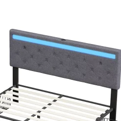 Lit Double Rembourré 140 X 190 Cm Avec 4 Tiroirs Et Sommier à Lattes En Bois Avec USB Et LED, Gris