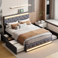 Lit Double Rembourré 140 X 190 Cm Avec 4 Tiroirs Et Sommier à Lattes En Bois Avec USB Et LED, Gris