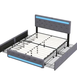 Lit Double Rembourré 140 X 190 Cm Avec 4 Tiroirs Et Sommier à Lattes En Bois Avec USB Et LED, Gris