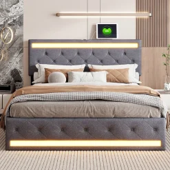 Lit Double Rembourré 140 X 190 Cm Avec 4 Tiroirs Et Sommier à Lattes En Bois Avec USB Et LED, Gris