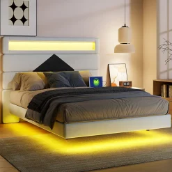 Lit double rembourré, 140 x 190 cm, avec éclairage LED, tête de lit avec station de charge USB,sans matelas