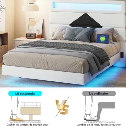 Lit double rembourré, 140 x 190 cm, avec éclairage LED, tête de lit avec station de charge USB,sans matelas