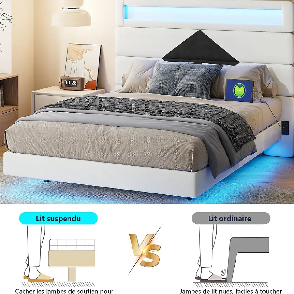 Lit double rembourré, 140 x 190 cm, avec éclairage LED, tête de lit avec station de charge USB,sans matelas