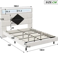 Lit double rembourré, 140 x 190 cm, avec éclairage LED, tête de lit avec station de charge USB,sans matelas