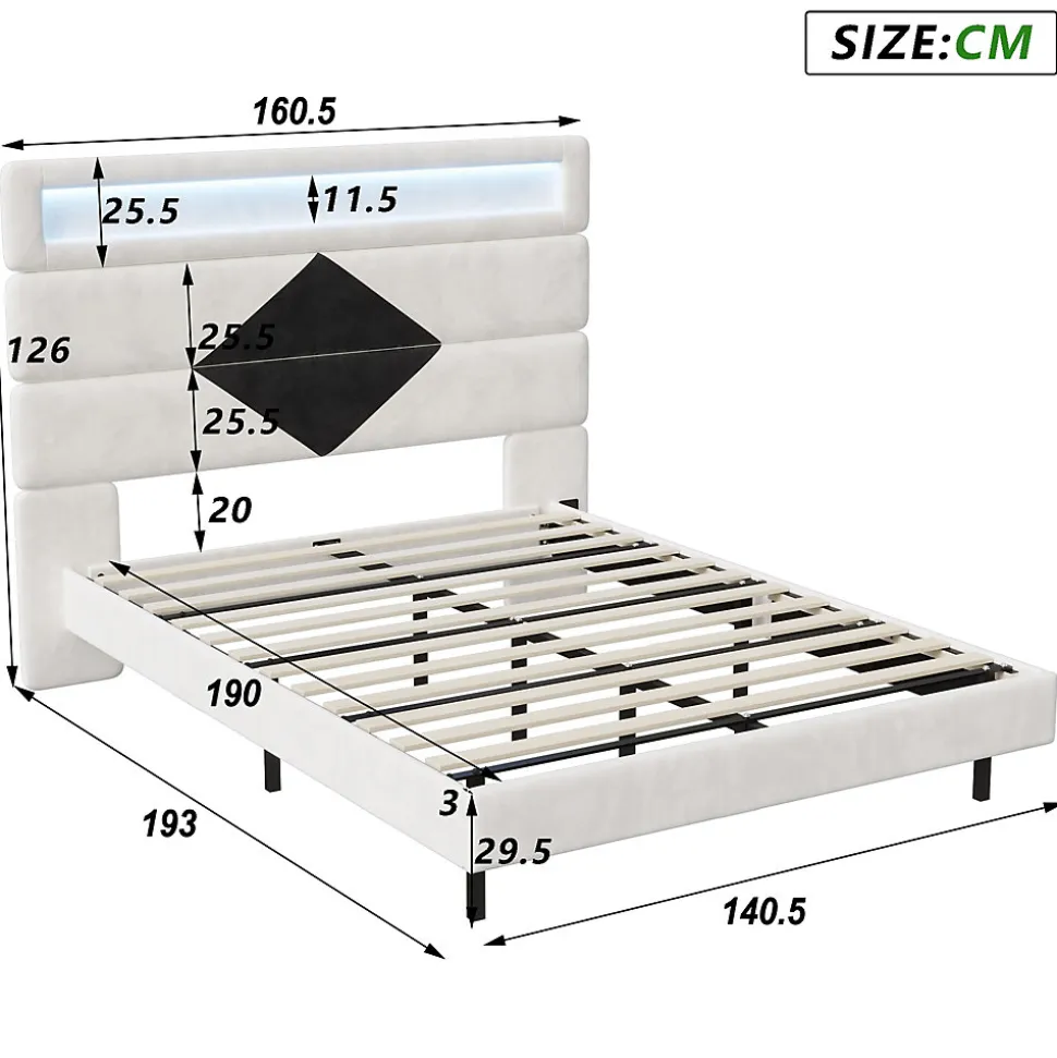 Lit double rembourré, 140 x 190 cm, avec éclairage LED, tête de lit avec station de charge USB,sans matelas