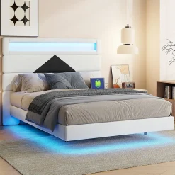 Lit double rembourré, 140 x 190 cm, avec éclairage LED, tête de lit avec station de charge USB,sans matelas
