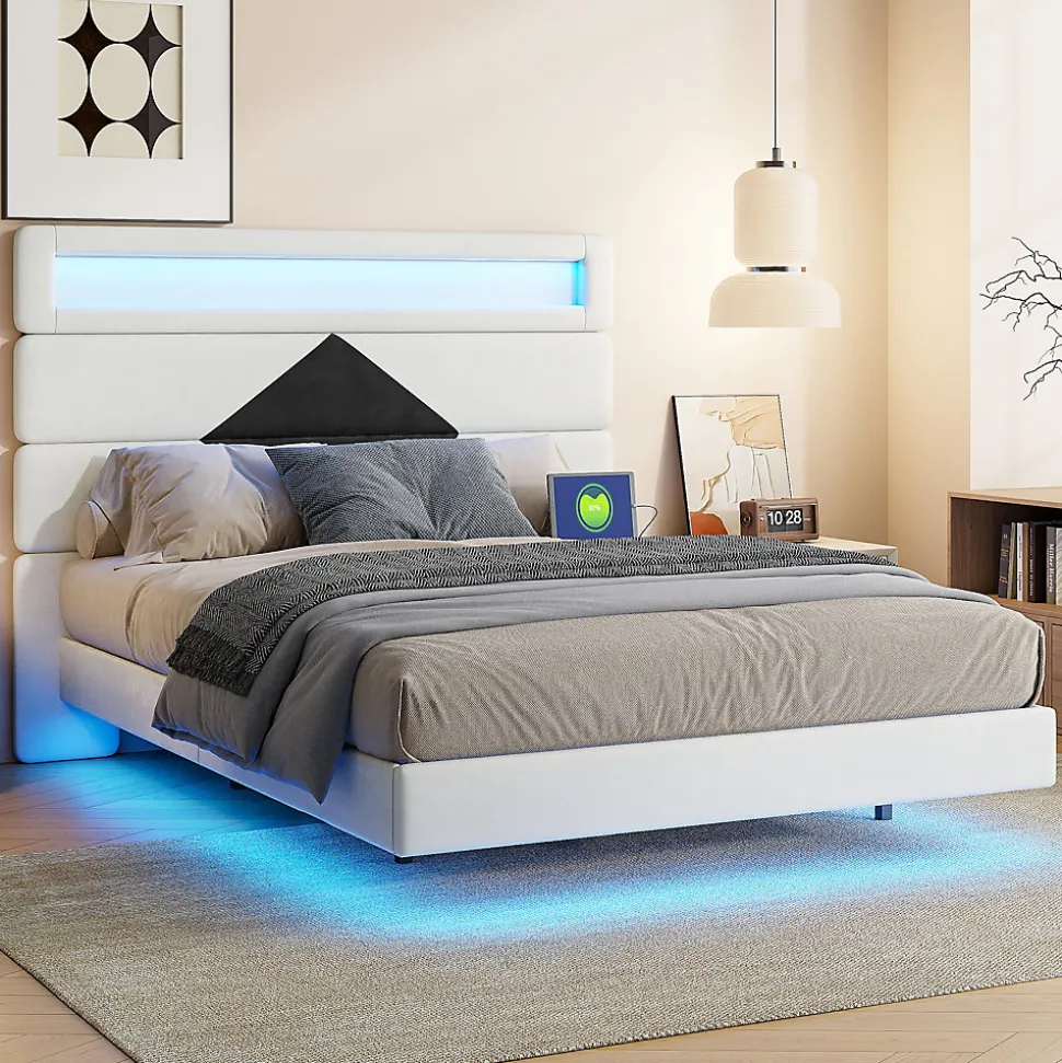 Lit double rembourré, 140 x 190 cm, avec éclairage LED, tête de lit avec station de charge USB,sans matelas