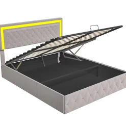 Lit double rembourré, 160 x 200 cm, LED, hydraulique, avec espace de rangement et sommier à lattes, velours beige