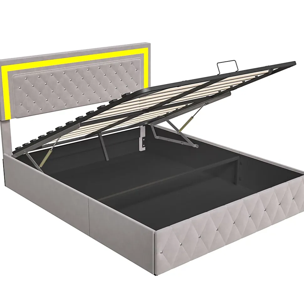 Lit double rembourré, 160 x 200 cm, LED, hydraulique, avec espace de rangement et sommier à lattes, velours beige