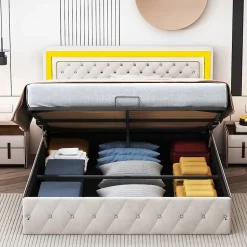 Lit double rembourré, 160 x 200 cm, LED, hydraulique, avec espace de rangement et sommier à lattes, velours beige