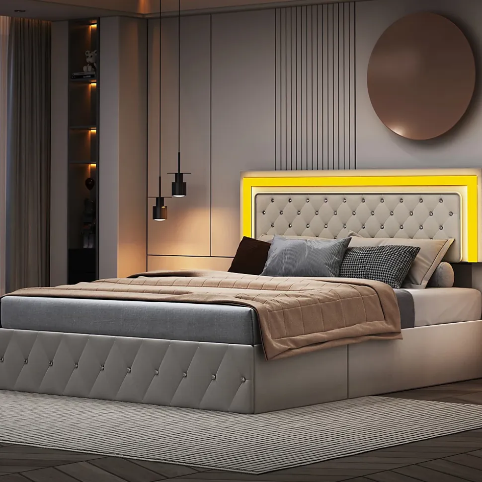 Lit double rembourré, 160 x 200 cm, LED, hydraulique, avec espace de rangement et sommier à lattes, velours beige