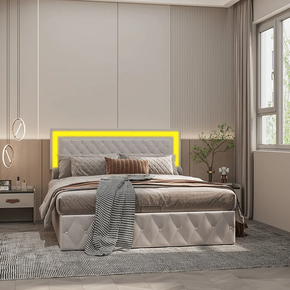 Lit double rembourré, 160 x 200 cm, LED, hydraulique, avec espace de rangement et sommier à lattes, velours beige