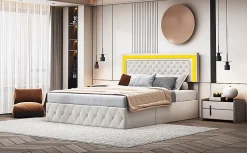 Lit double rembourré, 160 x 200 cm, LED, hydraulique, avec espace de rangement et sommier à lattes, velours beige