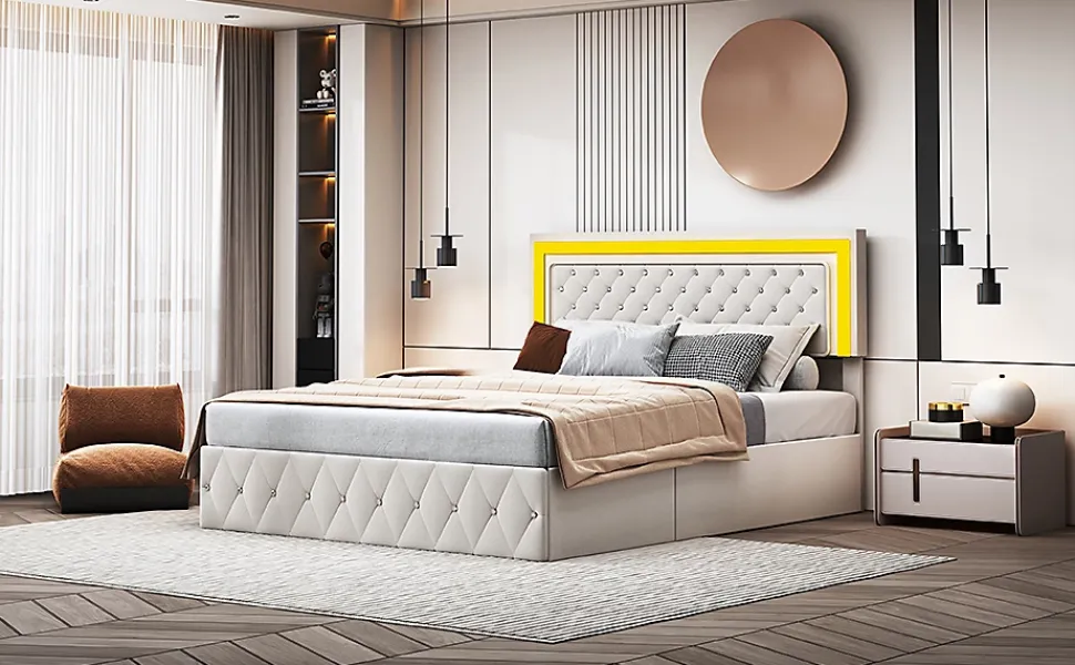 Lit double rembourré, 160 x 200 cm, LED, hydraulique, avec espace de rangement et sommier à lattes, velours beige