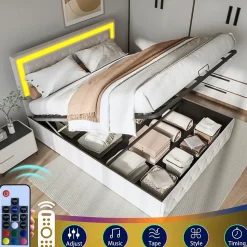 Lit double rembourré, 160 x 200 cm, LED, hydraulique, avec espace de rangement et sommier à lattes, velours beige