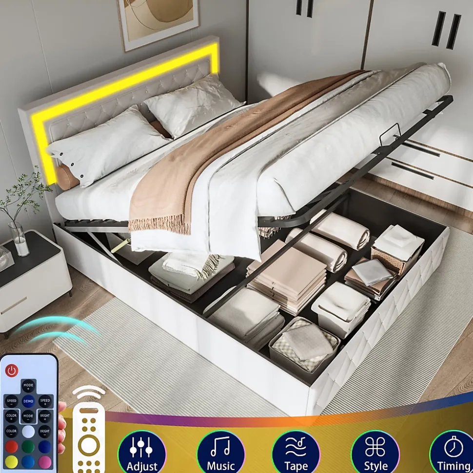 Lit double rembourré, 160 x 200 cm, LED, hydraulique, avec espace de rangement et sommier à lattes, velours beige