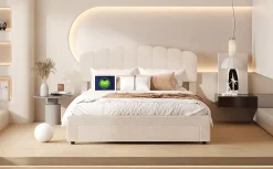 Lit Double Rembourré 160 X 200 Cm, Ports De Charge USB Et Type C, Rangement, Polaire Teddy, Beige