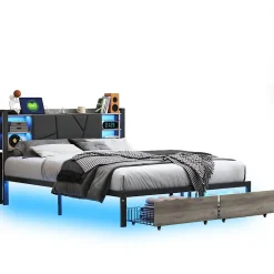 Lit Double Rembourré 160 X 200 Cm Avec Éclairage LED, Port USB Et Rangements, Cadre De Lit En Métal