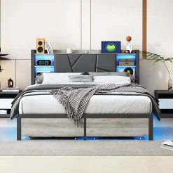 Lit Double Rembourré 160 X 200 Cm Avec Éclairage LED, Port USB Et Rangements, Cadre De Lit En Métal