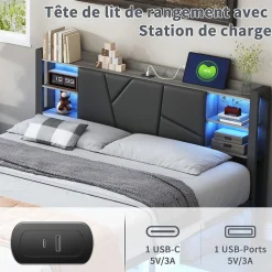 Lit Double Rembourré 160 X 200 Cm Avec Éclairage LED, Port USB Et Rangements, Cadre De Lit En Métal