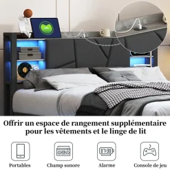 Lit Double Rembourré 160 X 200 Cm Avec Éclairage LED, Port USB Et Rangements, Cadre De Lit En Métal