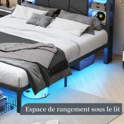 Lit Double Rembourré 160 X 200 Cm Avec Éclairage LED, Port USB Et Rangements, Cadre De Lit En Métal