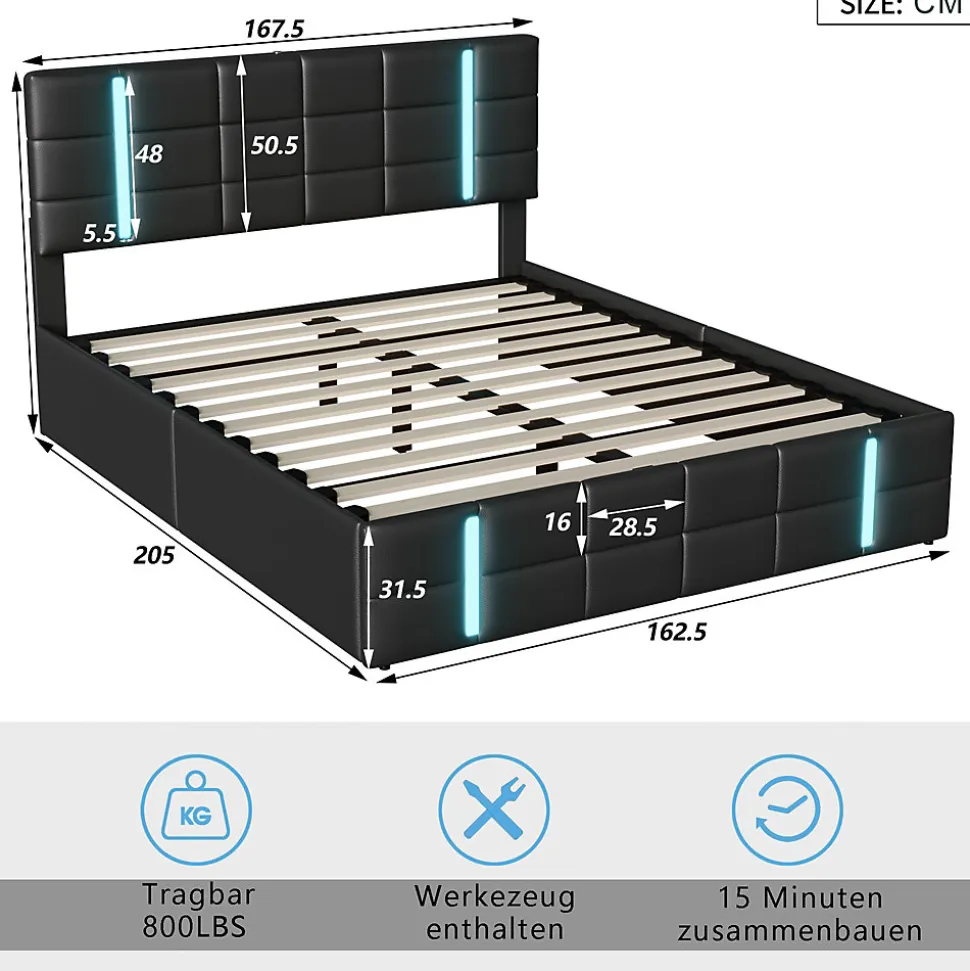 Lit Double Rembourré 140 X 200 Cm, Avec LED, Cadre De Lit Avec Cadre Et Sommier à Lattes, Pu, Noir
