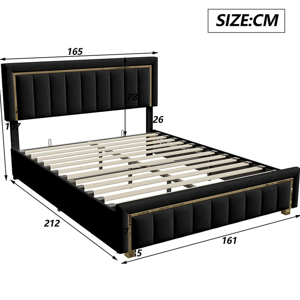 lit double rembourré 160 x 200,lit coffre avec sommier,lit adulte 160 x 200 avec levier hydraulique,velours,noir