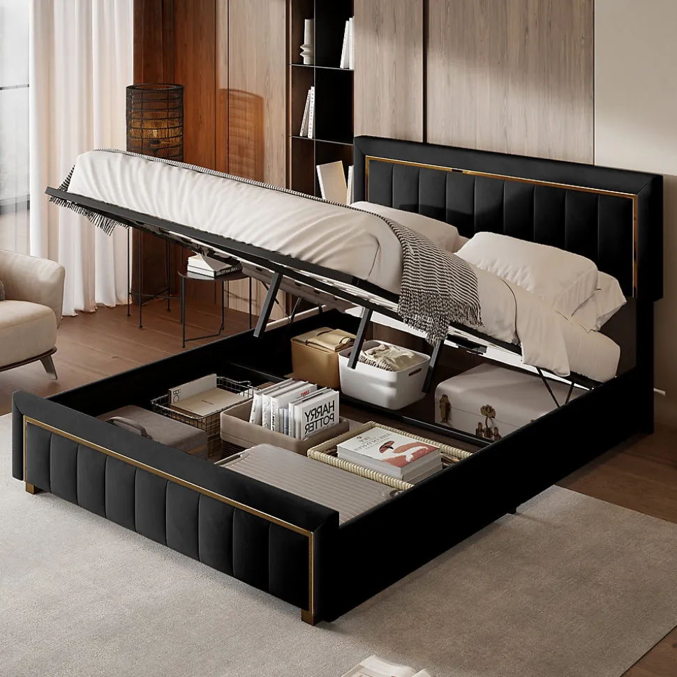 lit double rembourré 160 x 200,lit coffre avec sommier,lit adulte 160 x 200 avec levier hydraulique,velours,noir