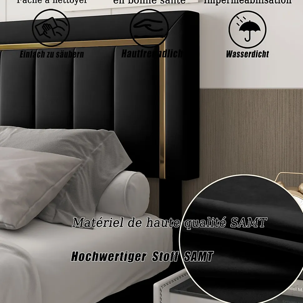 lit double rembourré 160 x 200,lit coffre avec sommier,lit adulte 160 x 200 avec levier hydraulique,velours,noir