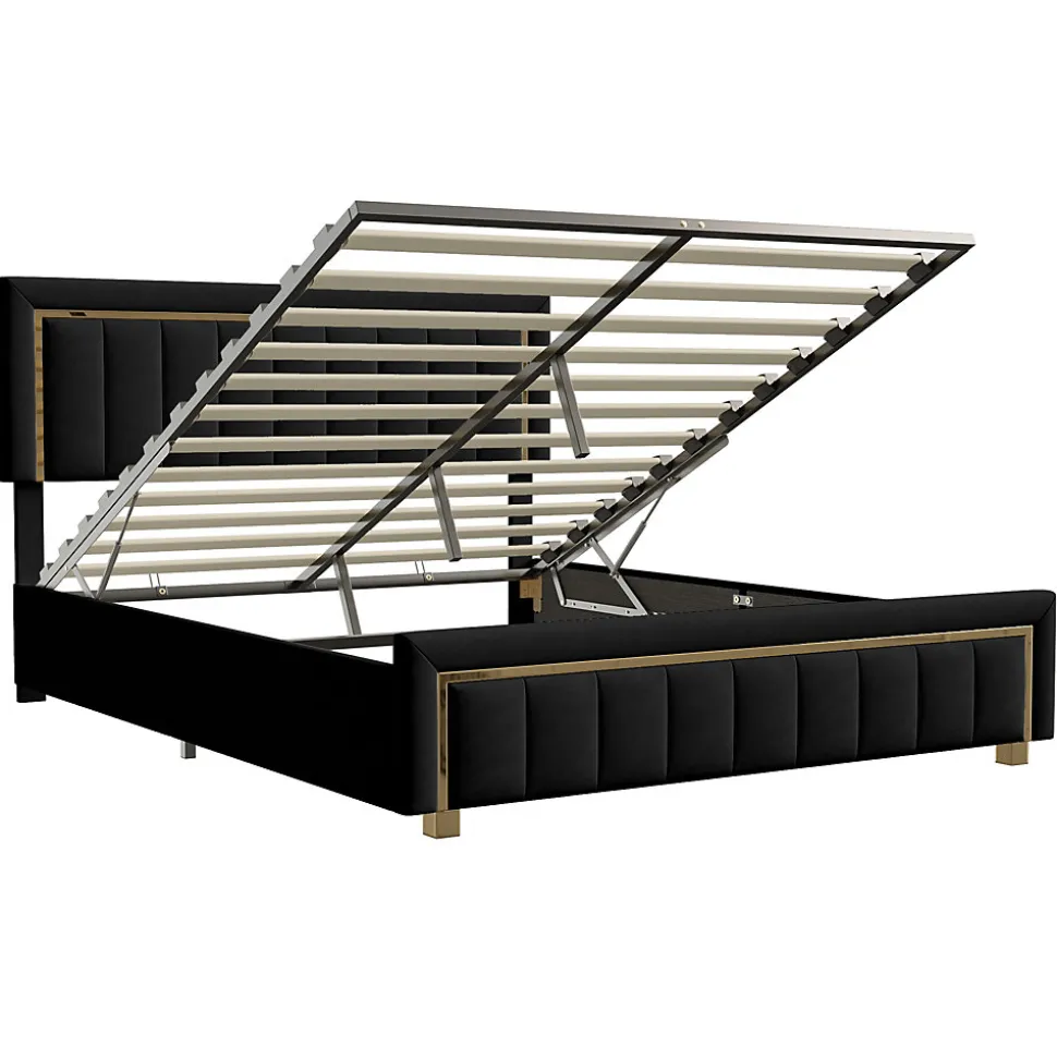 lit double rembourré 160 x 200,lit coffre avec sommier,lit adulte 160 x 200 avec levier hydraulique,velours,noir