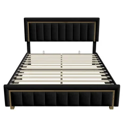 lit double rembourré 160 x 200,lit coffre avec sommier,lit adulte 160 x 200 avec levier hydraulique,velours,noir