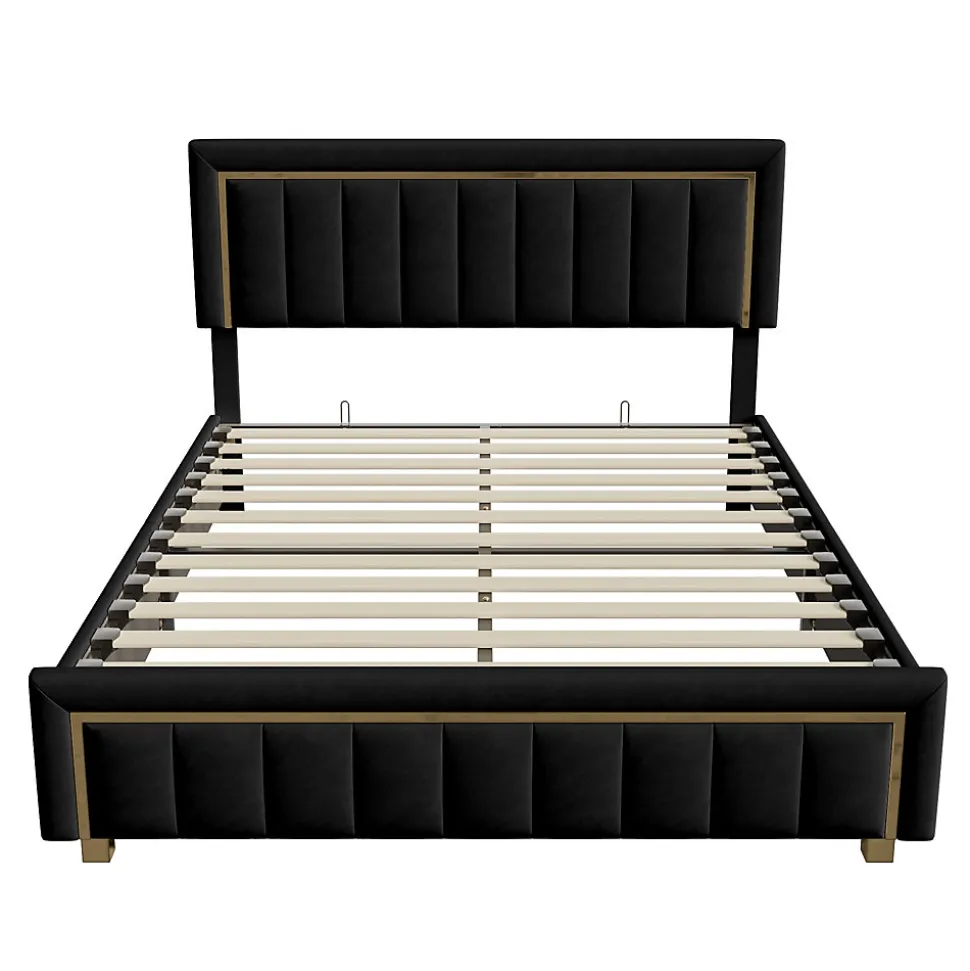 lit double rembourré 160 x 200,lit coffre avec sommier,lit adulte 160 x 200 avec levier hydraulique,velours,noir