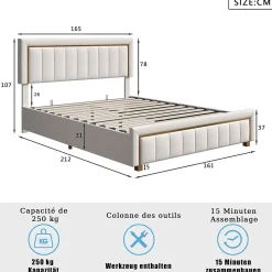 lit double rembourré 160 x 200,lit coffre avec sommier,lit adulte 160 x 200 avec levier hydraulique,velours,beige