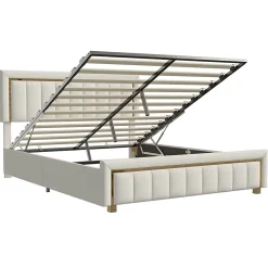 lit double rembourré 160 x 200,lit coffre avec sommier,lit adulte 160 x 200 avec levier hydraulique,velours,beige