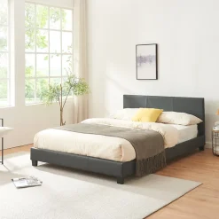 Lit Double Rembourré Albacete Sommier à Lattes Similicuir 140 x 200 cm Gris Foncé Corium