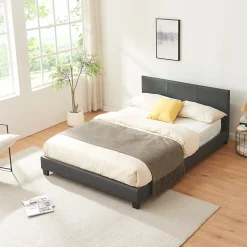 Lit Double Rembourré Albacete Sommier à Lattes Similicuir 140 x 200 cm Gris Foncé Corium