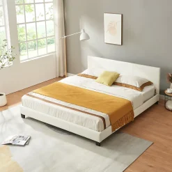 Lit Double Rembourré Albacete Sommier à Lattes Housse Similicuir 180 x 200 cm Blanc Corium