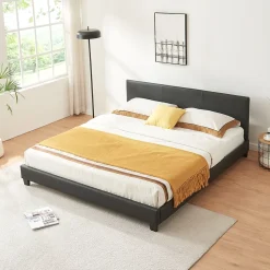 Lit Double Rembourré Albacete Sommier à Lattes Similicuir 160 x 200 cm Noir Corium