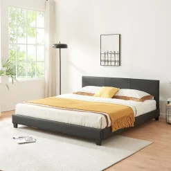 Lit Double Rembourré Albacete Sommier à Lattes Similicuir 160 x 200 cm Noir Corium