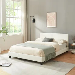 Lit Double Rembourré Albacete Sommier à Lattes Similicuir 140 x 200 cm Blanc Corium