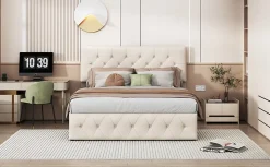 Lit Double Rembourré Avec Tête De Lit Et Sommier à Lattes En Velours,140x200 Cm,avec Rangement,beige