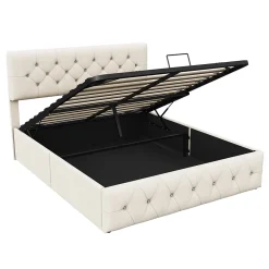 Lit Double Rembourré Avec Tête De Lit Et Sommier à Lattes En Velours,140x200 Cm,avec Rangement,beige