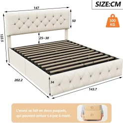 Lit Double Rembourré Avec Tête De Lit Et Sommier à Lattes En Velours,140x200 Cm,avec Rangement,beige