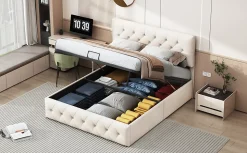 Lit Double Rembourré Avec Tête De Lit Et Sommier à Lattes En Velours,140x200 Cm,avec Rangement,beige